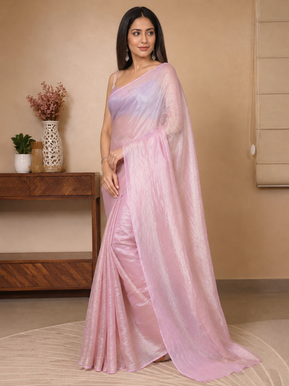 Women's Shimmer Organza Silk Saree with Matching Blouse Piece – Soft Pink Party Wear Saree