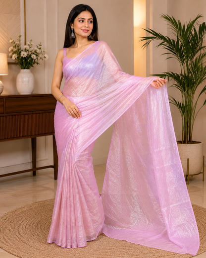 Women's Shimmer Organza Silk Saree with Matching Blouse Piece – Soft Pink Party Wear Saree