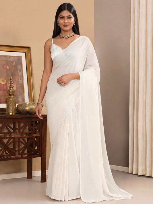 Elegant Off-White Shimmer Georgette Saree with Matching Blouse Piece | Lightweight Party & Festive Wear Saree