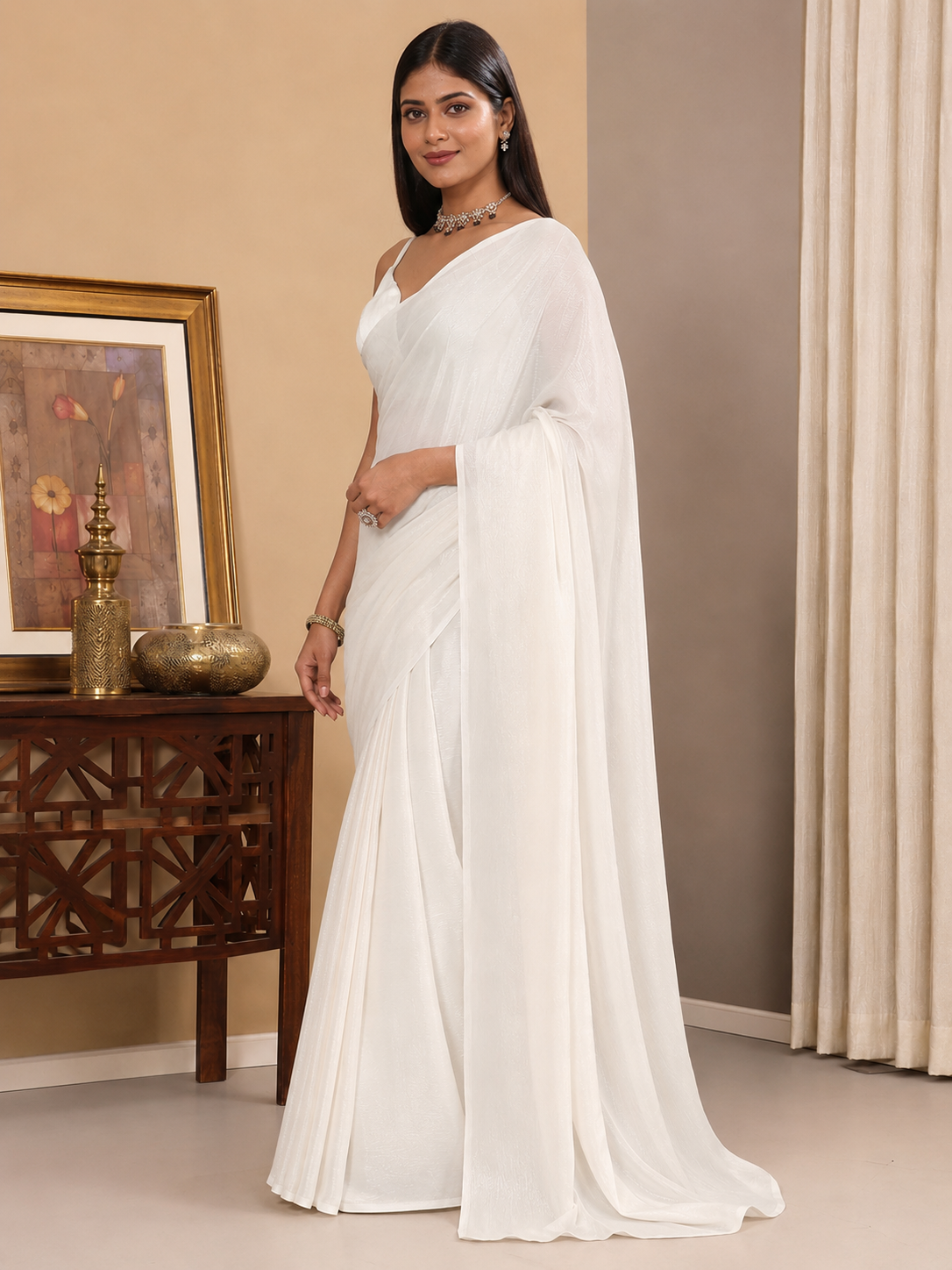 Elegant Off-White Shimmer Georgette Saree with Matching Blouse Piece | Lightweight Party & Festive Wear Saree