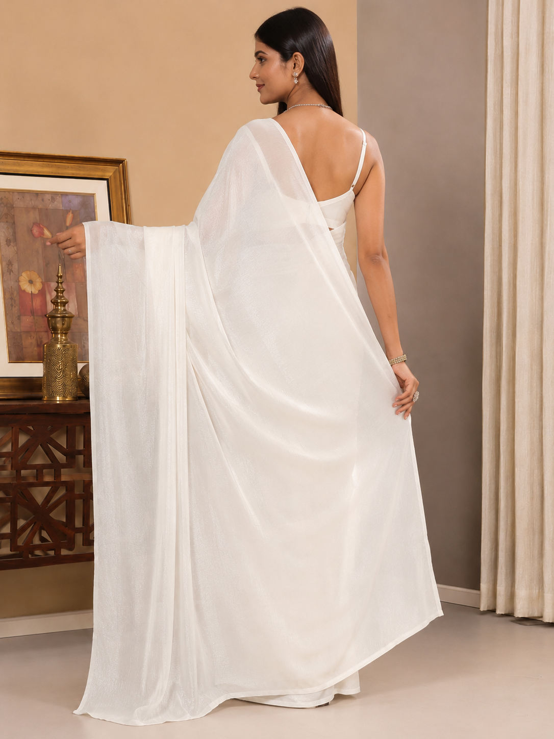 Elegant Off-White Shimmer Georgette Saree with Matching Blouse Piece | Lightweight Party & Festive Wear Saree