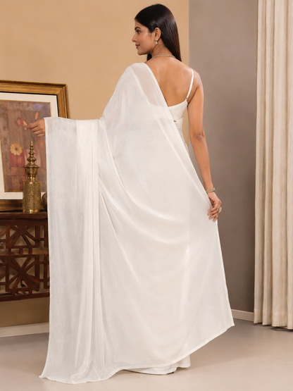 Elegant Off-White Shimmer Georgette Saree with Matching Blouse Piece | Lightweight Party & Festive Wear Saree