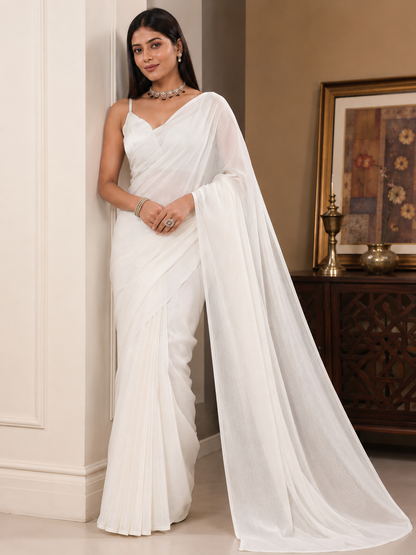 Elegant Off-White Shimmer Georgette Saree with Matching Blouse Piece | Lightweight Party & Festive Wear Saree
