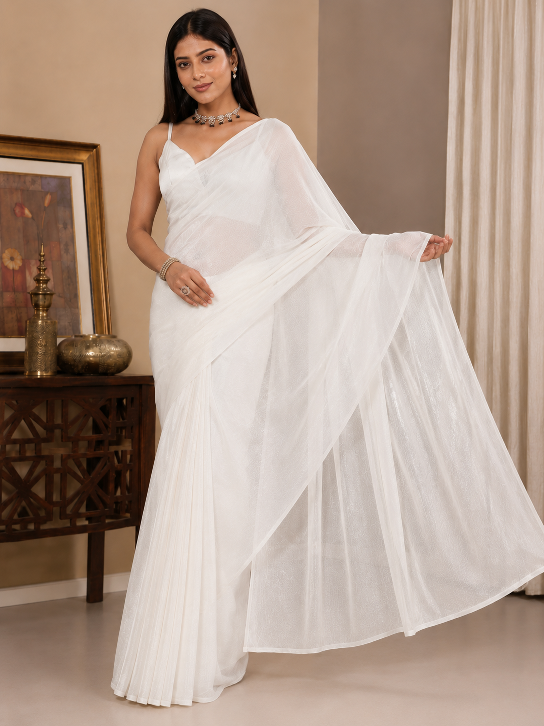 Elegant Off-White Shimmer Georgette Saree with Matching Blouse Piece | Lightweight Party & Festive Wear Saree
