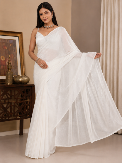 Elegant Off-White Shimmer Georgette Saree with Matching Blouse Piece | Lightweight Party & Festive Wear Saree