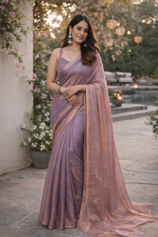 Lavender Rose Gold Shimmer Saree – Elegant Party Wear Designer Saree for Women