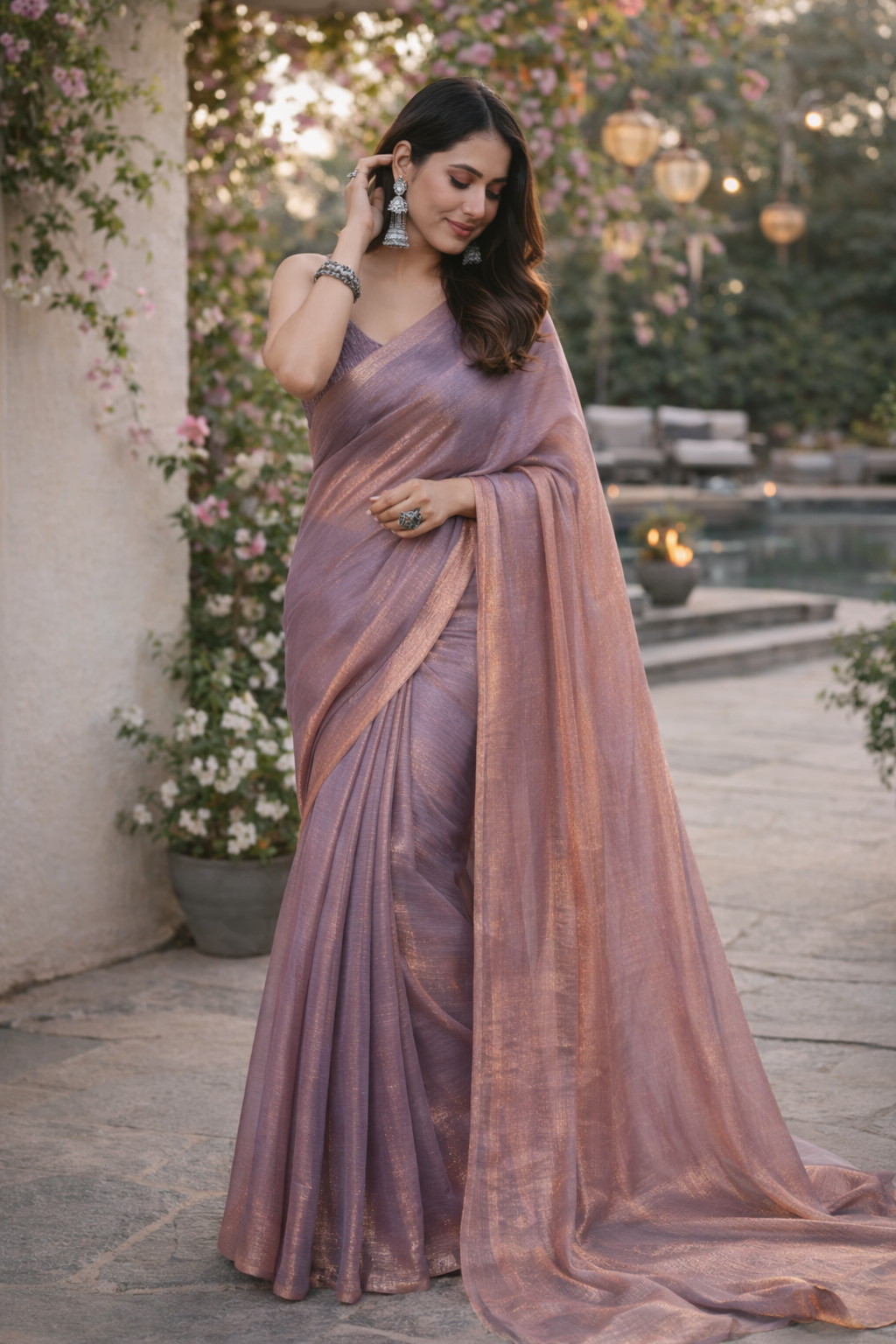 Lavender Rose Gold Shimmer Saree – Elegant Party Wear Designer Saree for Women