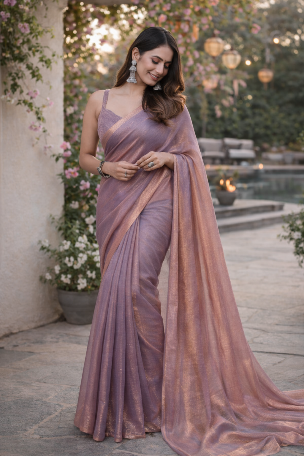 Lavender Rose Gold Shimmer Saree – Elegant Party Wear Designer Saree for Women