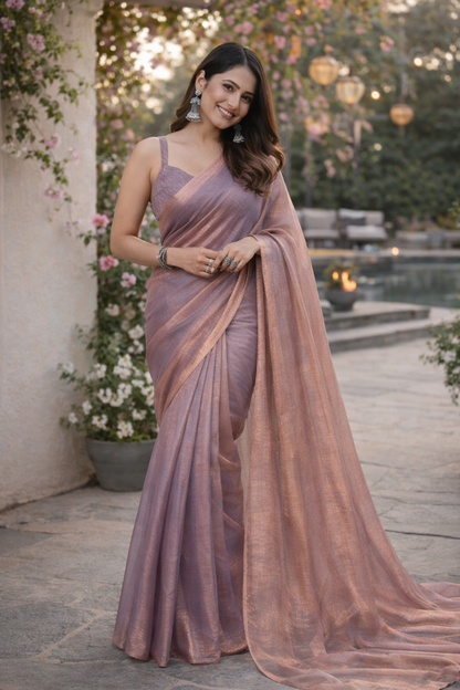 Lavender Rose Gold Shimmer Saree – Elegant Party Wear Designer Saree for Women