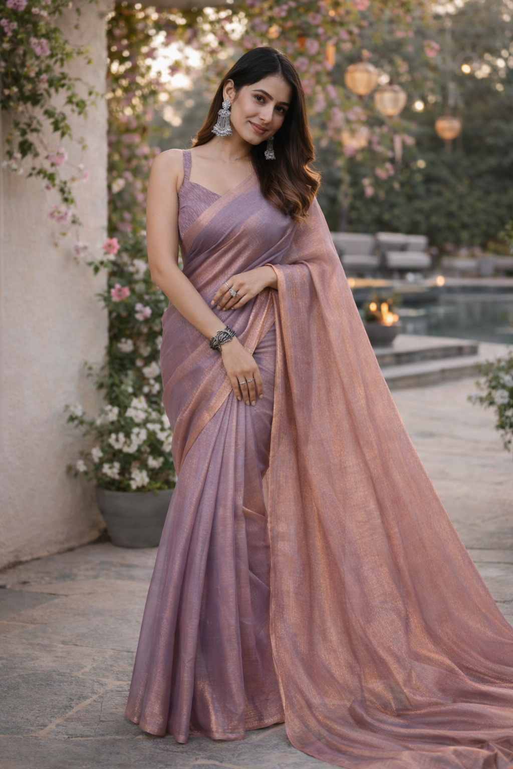 Lavender Rose Gold Shimmer Saree – Elegant Party Wear Designer Saree for Women