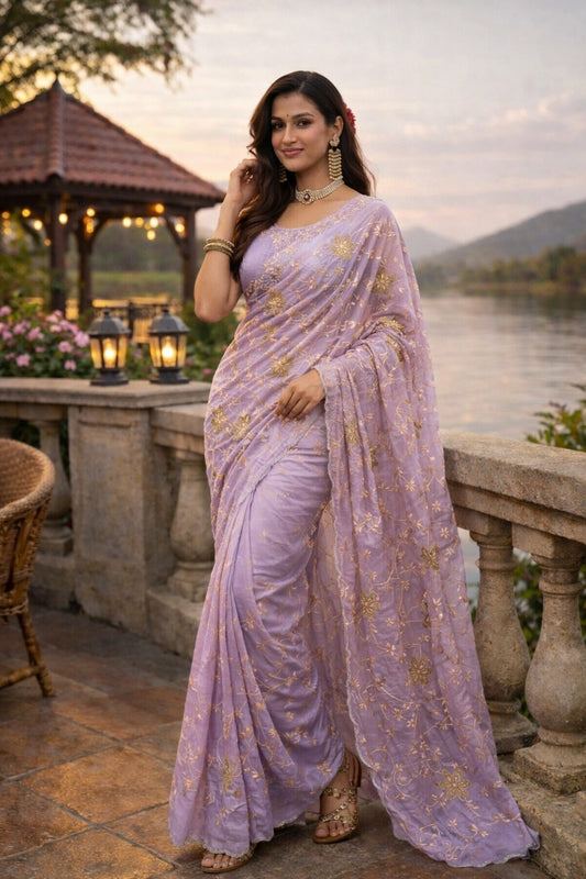Lavender Floral Embroidered Designer Saree with Elegant Sequin Work