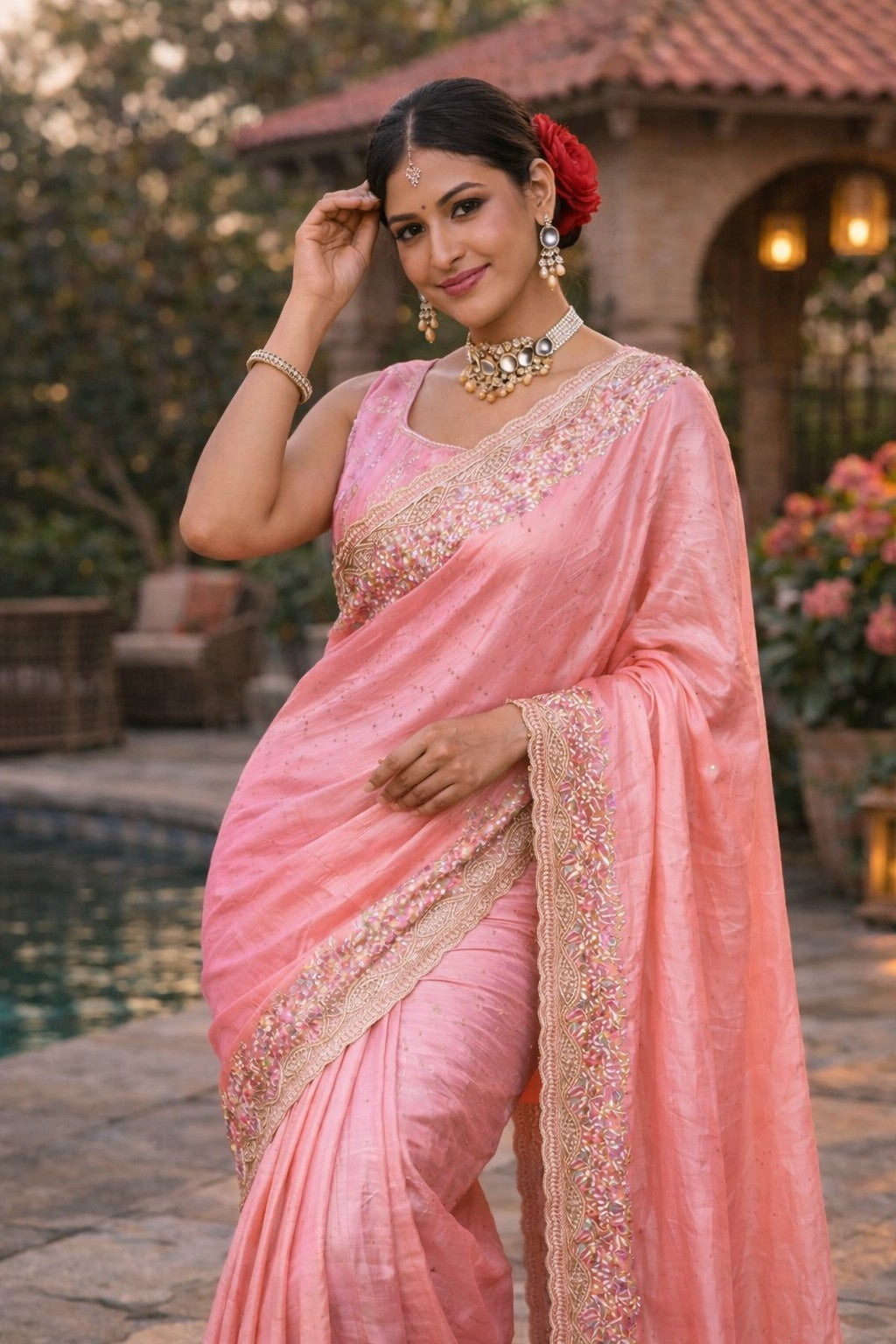 Blush Pink Embroidered Border Saree with Designer Blouse Piece