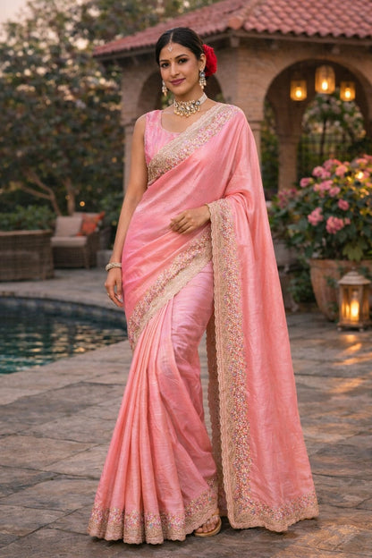 Blush Pink Embroidered Border Saree with Designer Blouse Piece