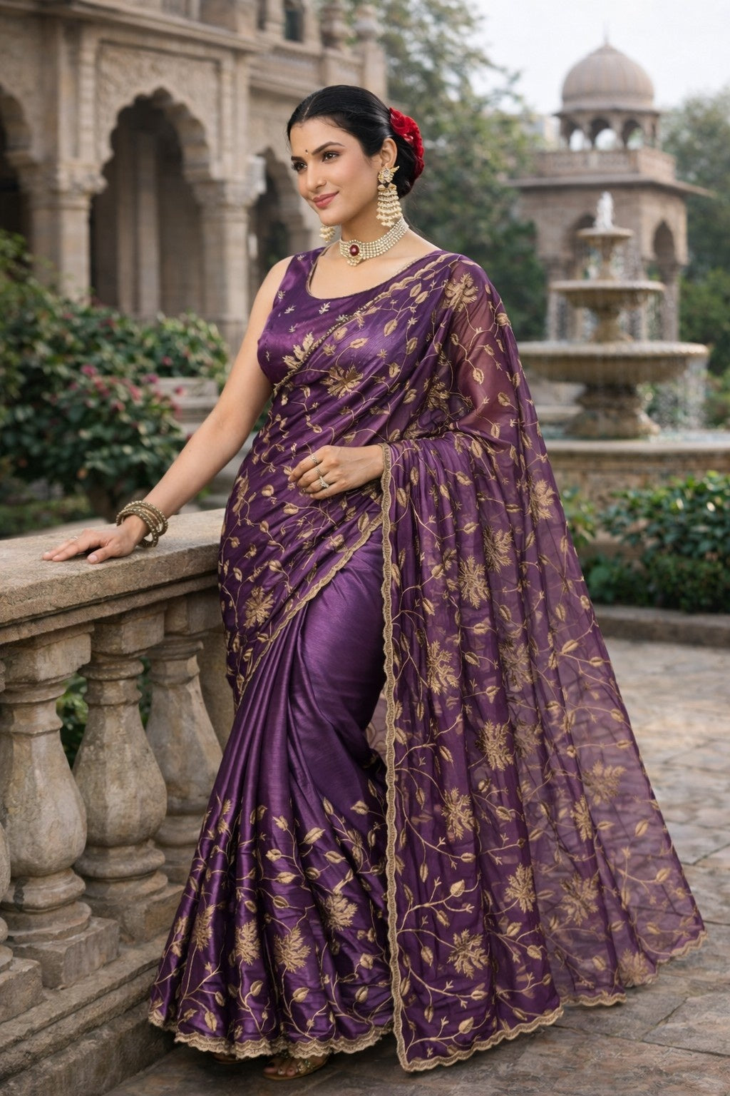 Royal Purple Embroidered Organza Saree with Floral Zari Work