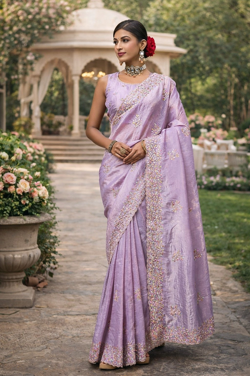 Lavender Embroidered Festive Saree with Designer Border & Running Blouse Piece