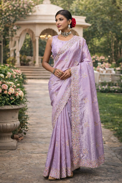 Lavender Embroidered Festive Saree with Designer Border & Running Blouse Piece