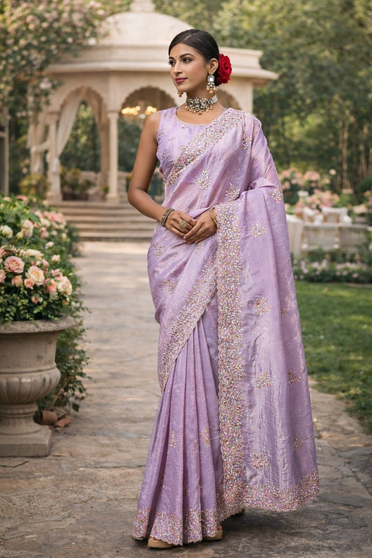 Lavender Embroidered Festive Saree with Designer Border & Running Blouse Piece