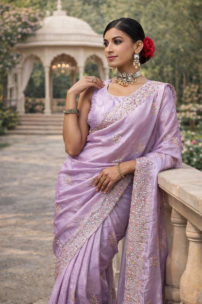 Lavender Embroidered Festive Saree with Designer Border & Running Blouse Piece