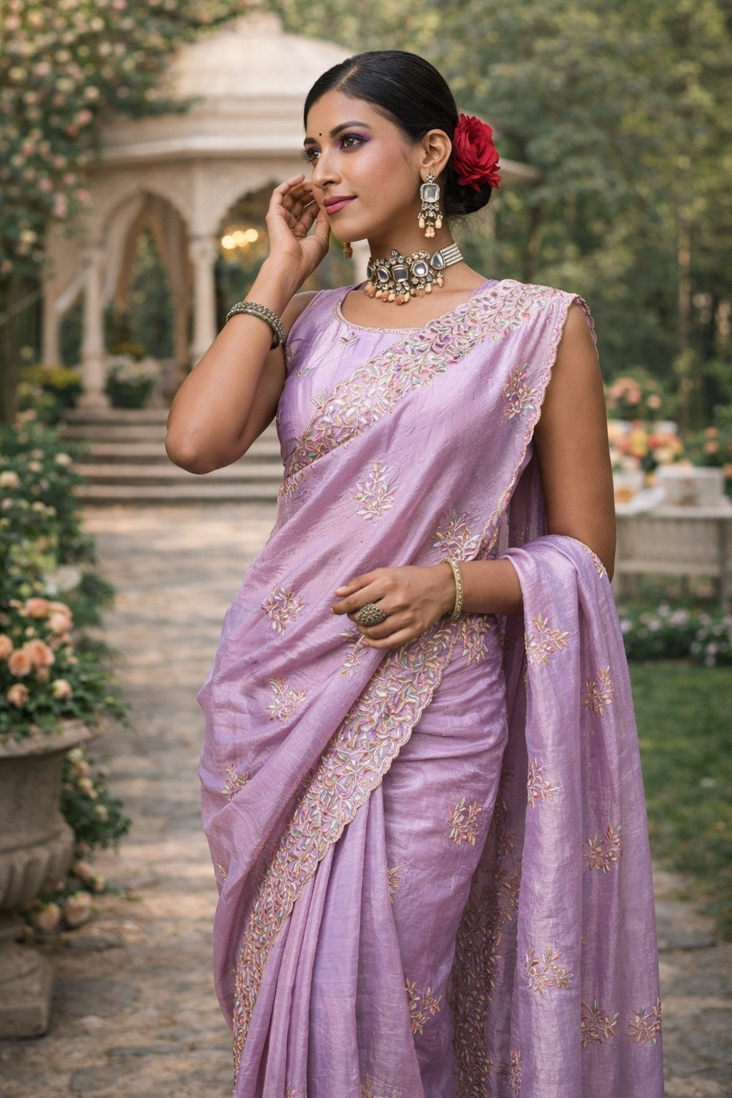 Lavender Embroidered Festive Saree with Designer Border & Running Blouse Piece