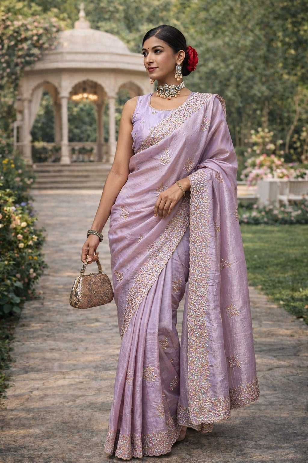 Lavender Embroidered Festive Saree with Designer Border & Running Blouse Piece