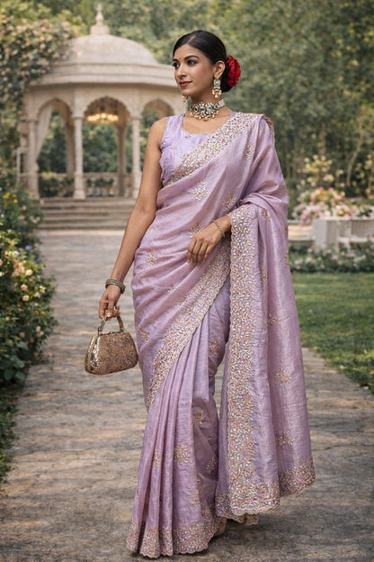 Lavender Embroidered Festive Saree with Designer Border & Running Blouse Piece