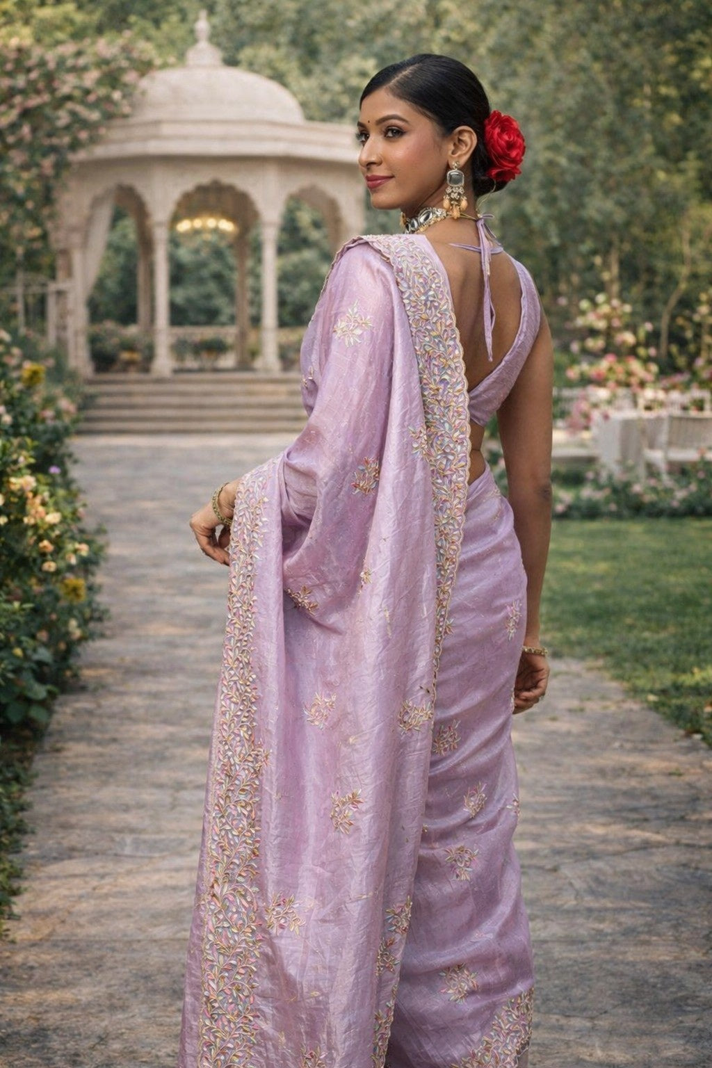 Lavender Embroidered Festive Saree with Designer Border & Running Blouse Piece