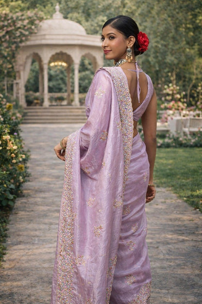 Lavender Embroidered Festive Saree with Designer Border & Running Blouse Piece