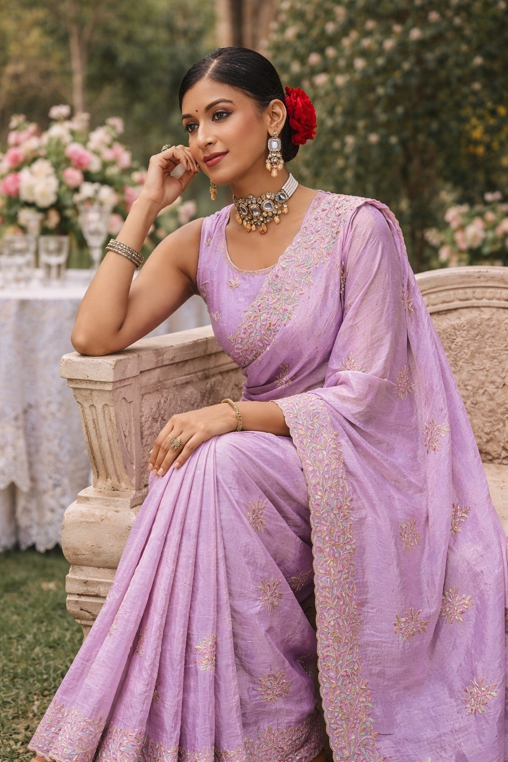 Lavender Embroidered Festive Saree with Designer Border & Running Blouse Piece