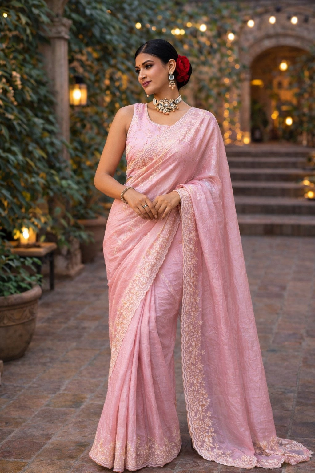 Blush Pink Embroidered Designer Saree with Elegant Lace Border
