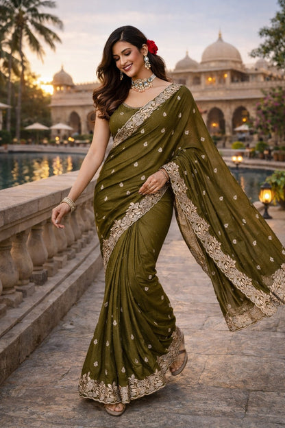 Olive Green Embroidered Designer Saree with Floral Border Work