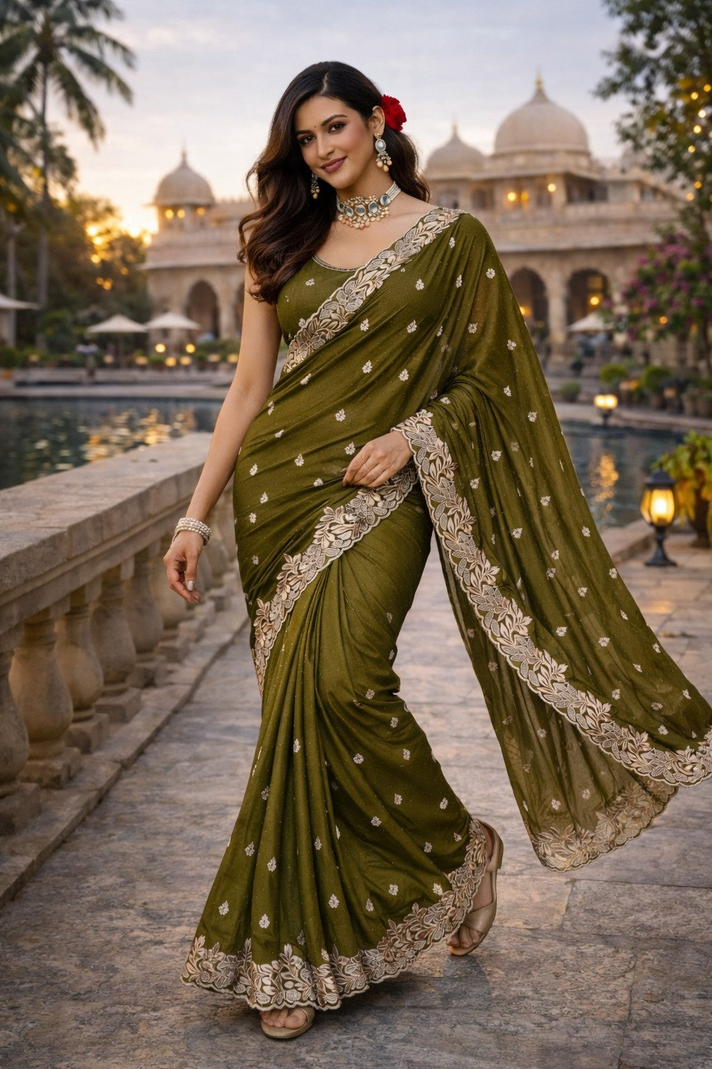 Olive Green Embroidered Designer Saree with Floral Border Work
