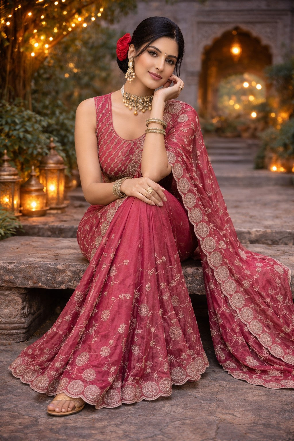Rose Pink Embroidered Designer Saree with Scalloped Border & Matching Blouse