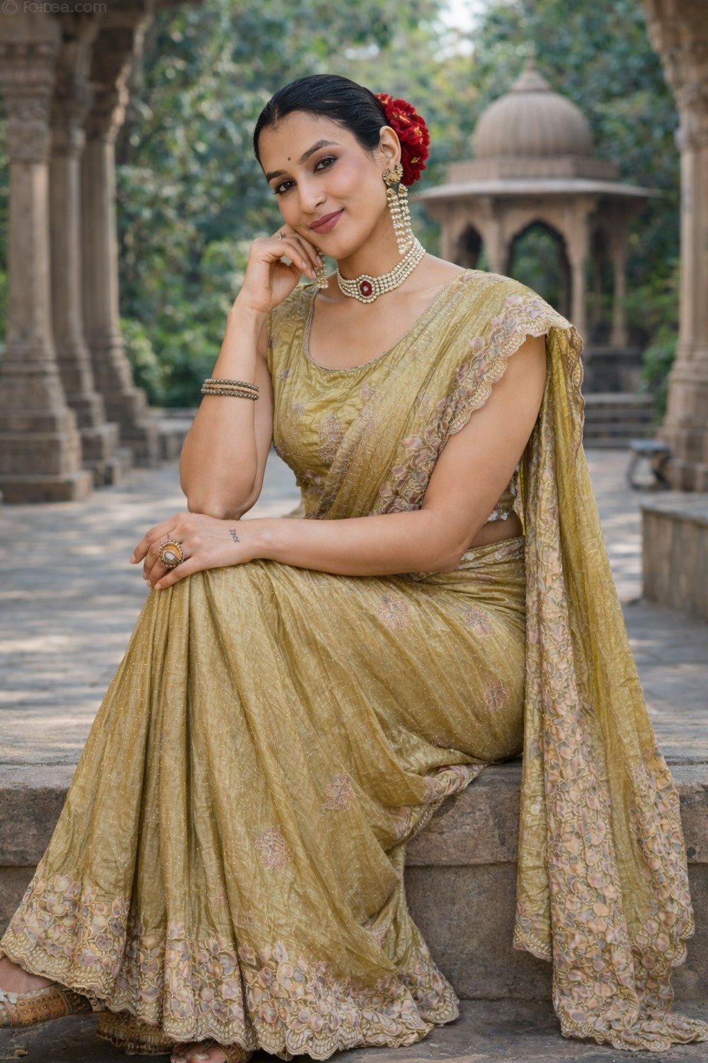 Olive Green Embroidered Designer Saree with Scalloped Border & Unstitched Blouse Piece