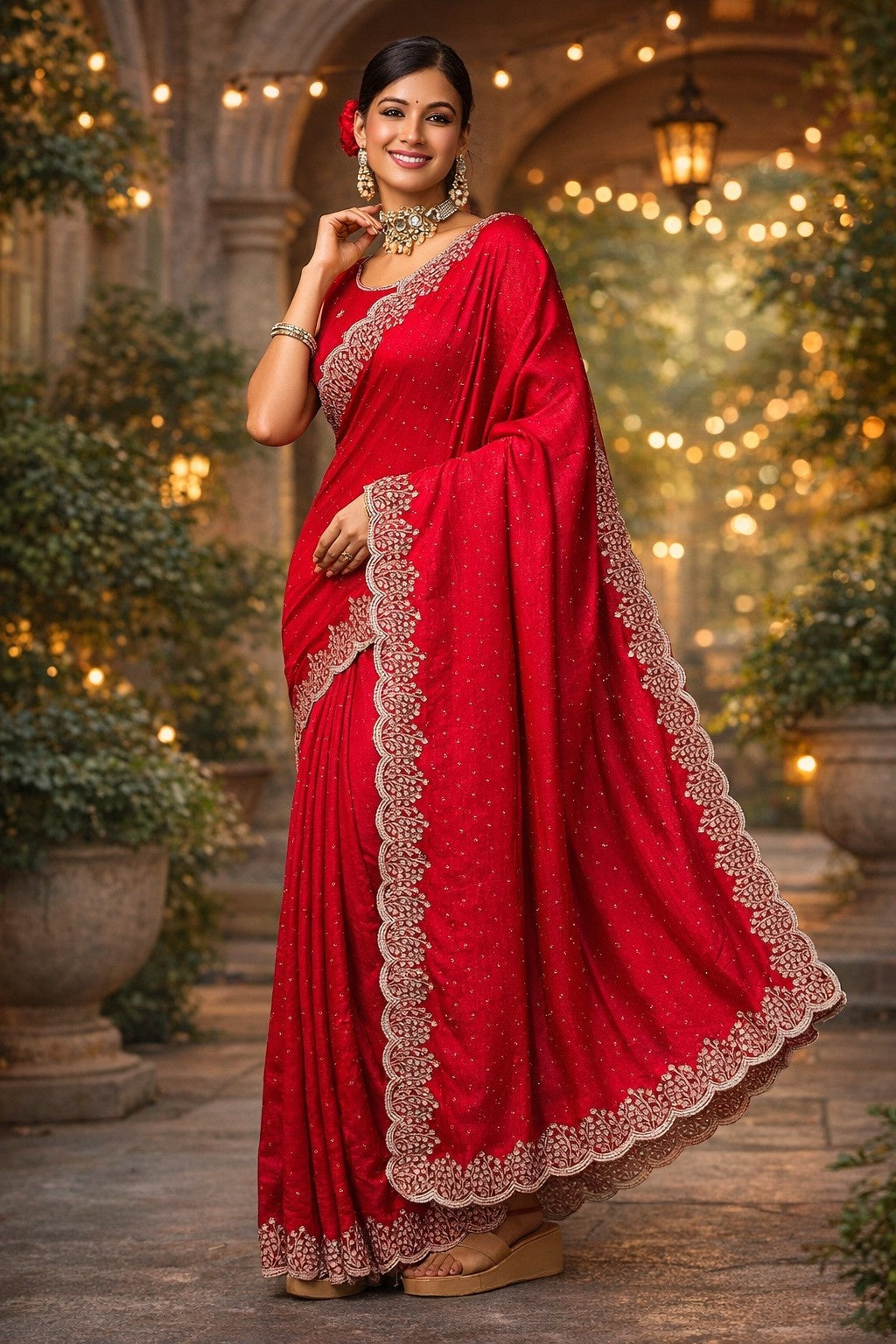 Ruby Red Embellished Saree with Intricate Lace Border – Festive & Party Wear Saree for Women