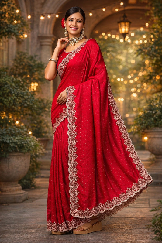 Ruby Red Embellished Saree with Intricate Lace Border – Festive & Party Wear Saree for Women