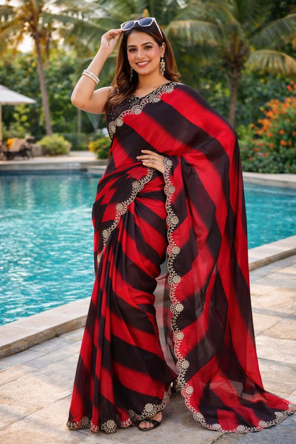 Ruby Red & Black Designer Saree with Embroidered Border