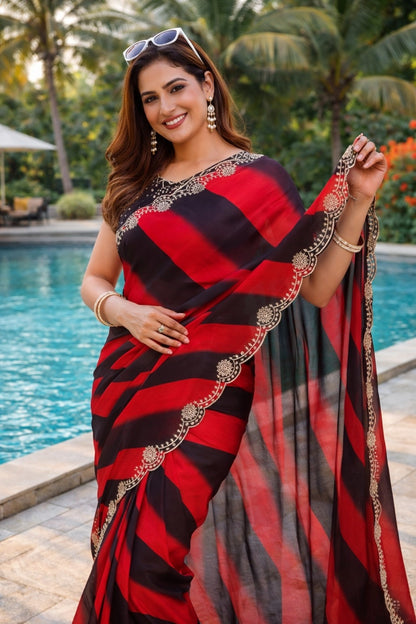 Ruby Red & Black Designer Saree with Embroidered Border