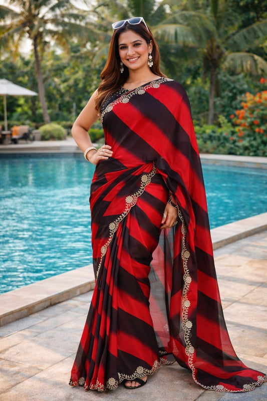Ruby Red & Black Designer Saree with Embroidered Border