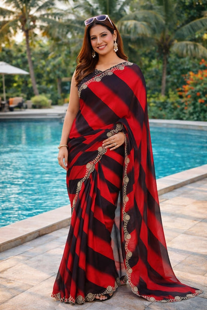 Ruby Red & Black Designer Saree with Embroidered Border
