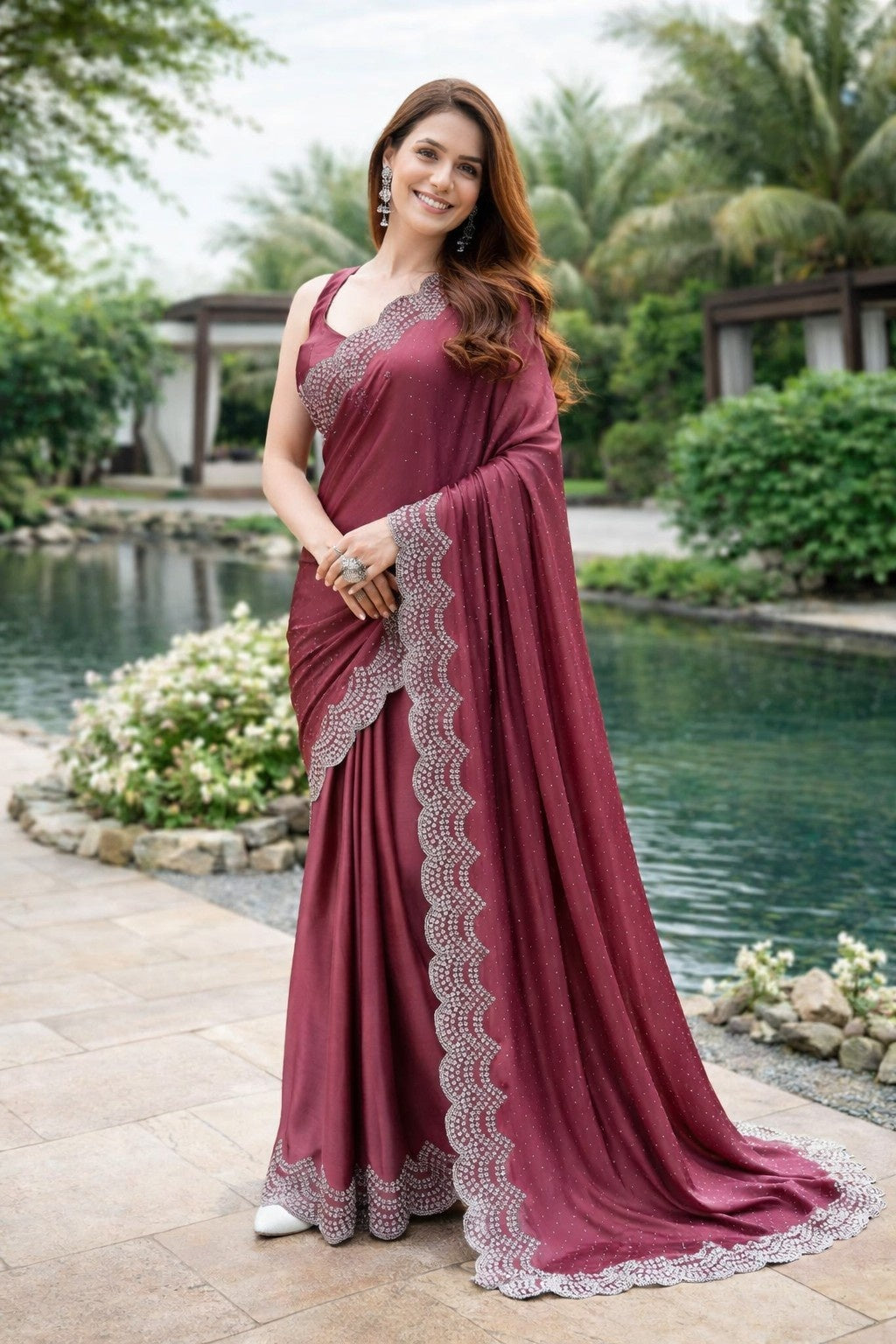 Women's Mauve Embellished Designer Saree with Scalloped Border & Matching Blouse Piece