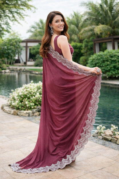 Women's Mauve Embellished Designer Saree with Scalloped Border & Matching Blouse Piece