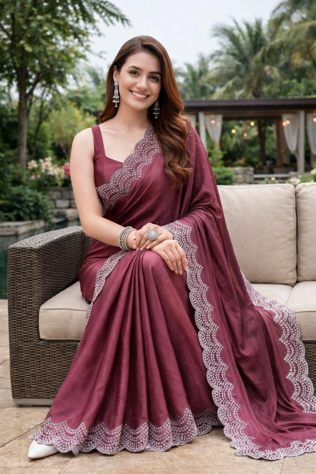Women's Mauve Embellished Designer Saree with Scalloped Border & Matching Blouse Piece