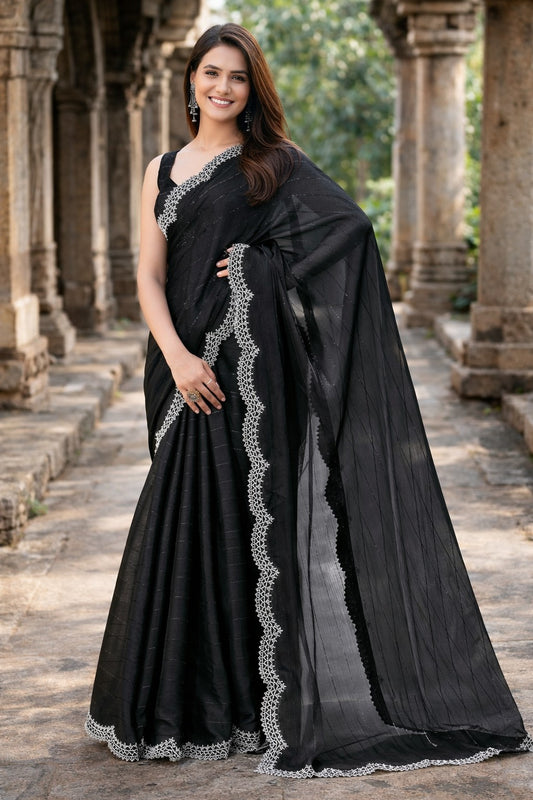 Midnight Black Designer Saree with Elegant Lace Border