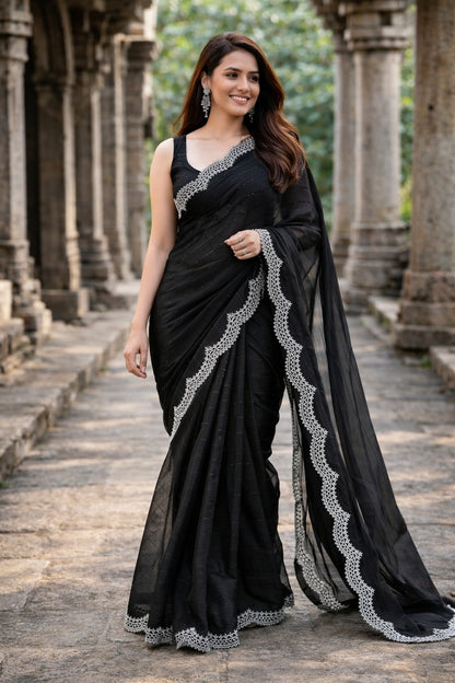 Midnight Black Designer Saree with Elegant Lace Border