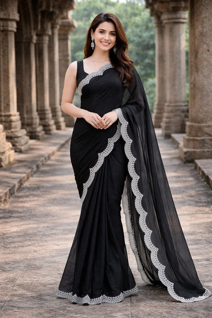 Midnight Black Designer Saree with Elegant Lace Border
