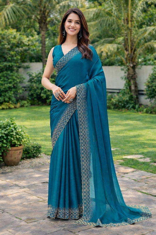 Elegant Teal Blue Embroidered Border Saree for Women – Festive & Party Wear Saree