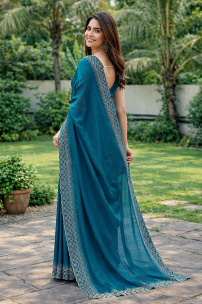 Elegant Teal Blue Embroidered Border Saree for Women – Festive & Party Wear Saree