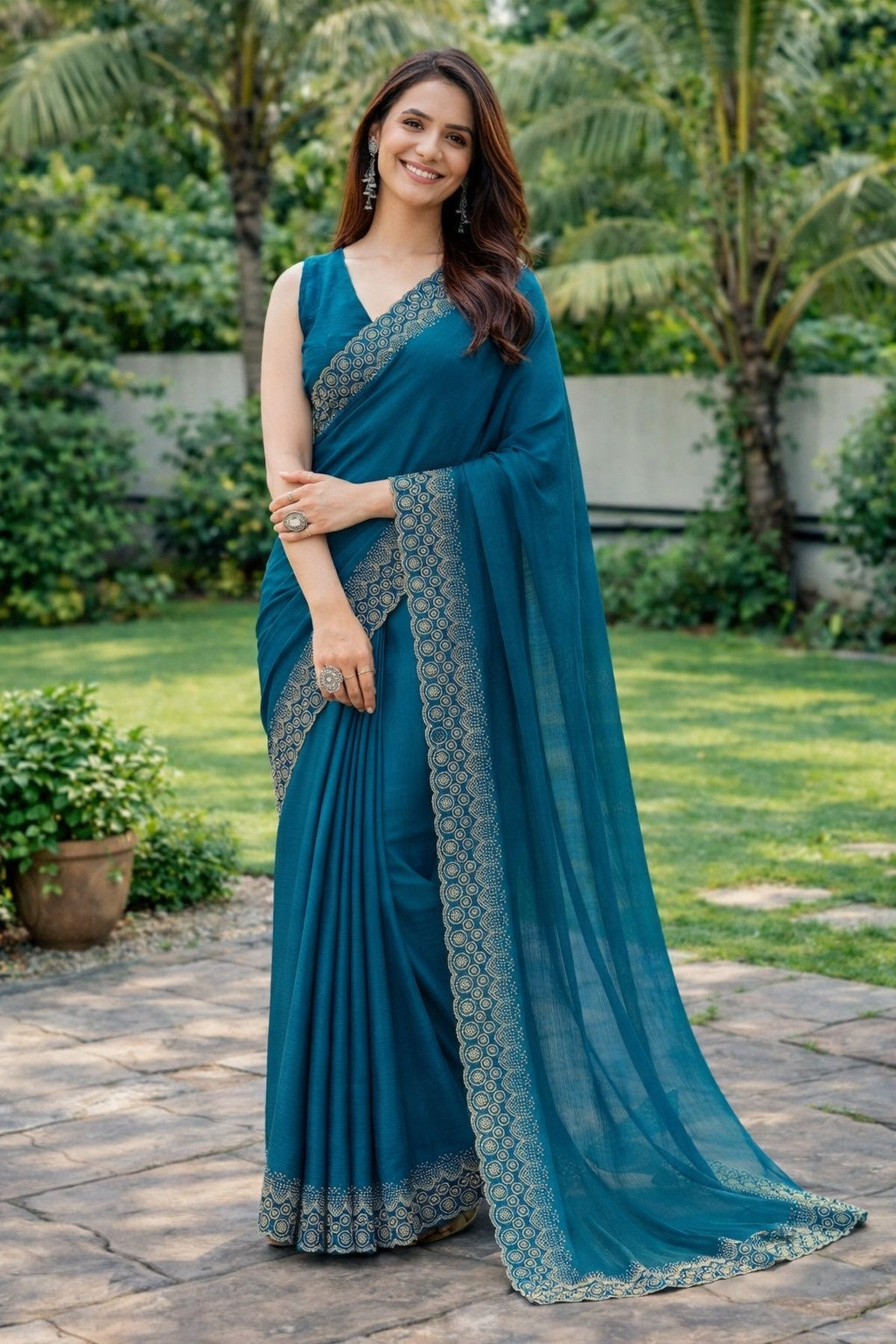 Elegant Teal Blue Embroidered Border Saree for Women – Festive & Party Wear Saree