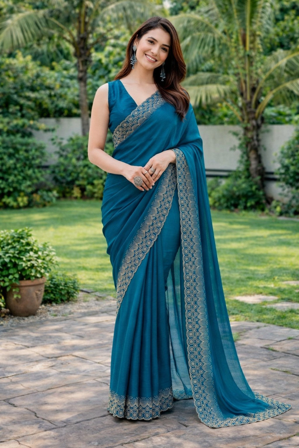 Elegant Teal Blue Embroidered Border Saree for Women – Festive & Party Wear Saree
