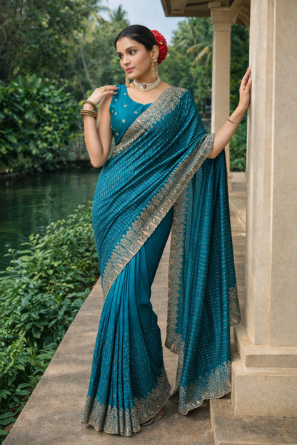 Teal Blue Designer Saree with Zari Woven Border & Matching Blouse Piece